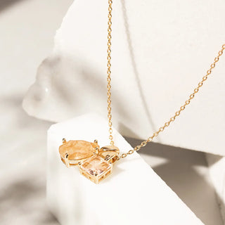 Rutile and Rhodolite Crystal in Teardrop and Square Shapes Pendant Necklace
