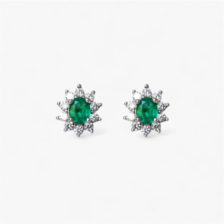 Natural Emerald Stud Earrings with Cubic Zirconia Halo